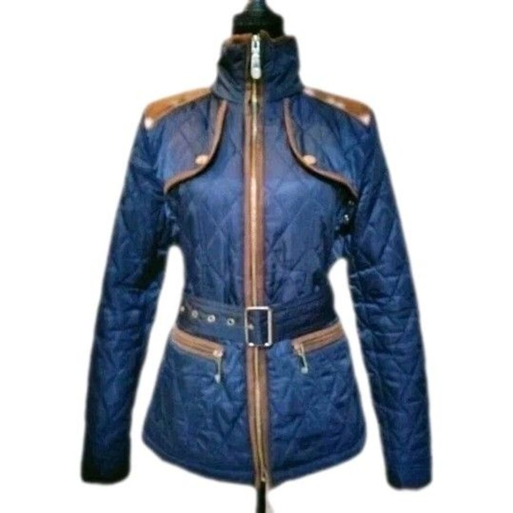 Vince Camuto Blue Quilted Jacket Brown Faux Suede Trim Belted Puffer Coat Petite